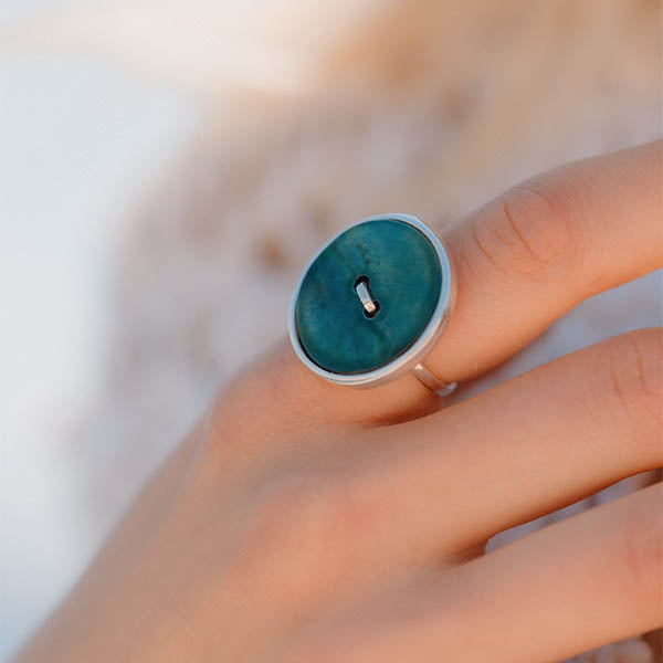 anello argento madreperla bottone grande verde fatto a mano italia