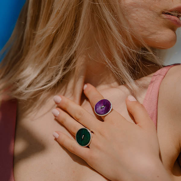 anelli argento madreperla bottoni grandi verde viola fatti a mano italia
